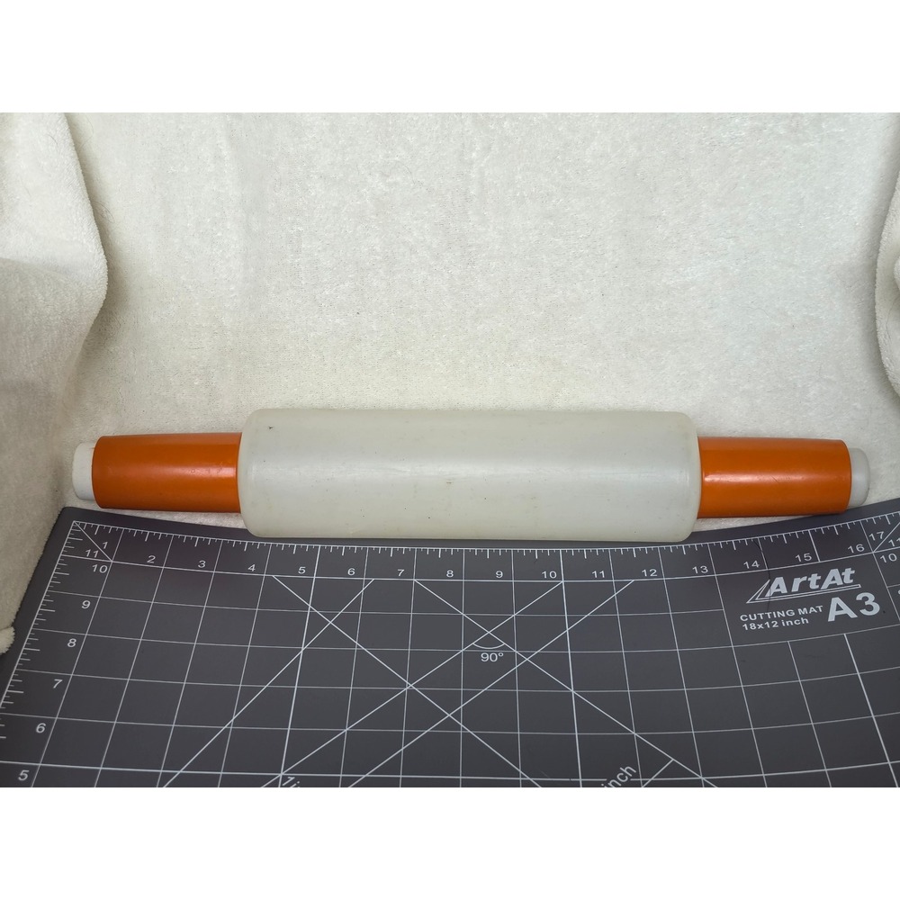 Vintage Tupperware Rolling Pin White Barrel Orange Handles Fillable Pastry Tool